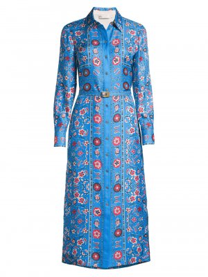 Шелковое платье-рубашка миди с узором пейсли , синий Tory Burch