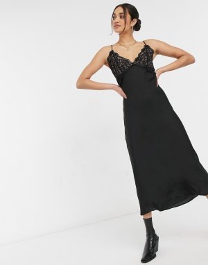 Черной платье-комбинация миди из прозрачного кружева и атласа Stella-Черный цвет Lindex
