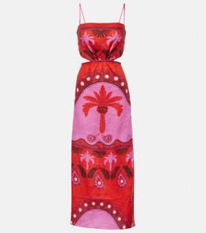 Льняное платье миди с вырезами и принтом , красный Johanna Ortiz
