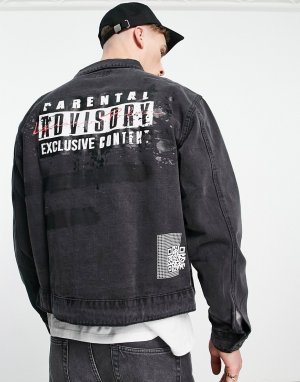 Черная джинсовая куртка с потертостями и логотипом Parental Advisory -Черный Liquor N Poker