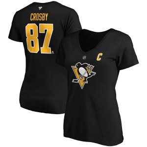 Женская футболка с логотипом Sidney Crosby, черная Pittsburgh Penguins, большие размеры, имя и номер, v-образным вырезом Fanatics