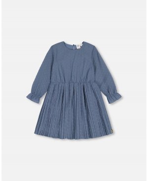 Шифоновое платье с сердечками в горошек и плиссированной юбкой для девочек, старо-синее - детское Deux par