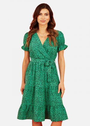 Mela Зеленое платье миди с запахом и рукавами рюшами Apple животным принтом