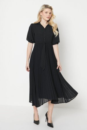 Плиссированное шифоновое платье-рубашка миди , черный Dorothy Perkins