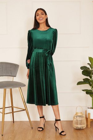 Зеленое бархатное платье миди с длинными рукавами и плиссированной юбкой, зеленый Yumi