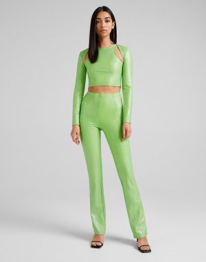 Ярко-зеленые блестящие расклешенные брюки с вырезом (от комплекта) -Зеленый цвет Bershka