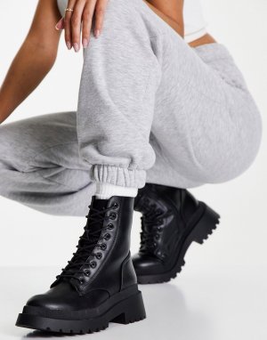 Черные высокие ботинки на шнуровке и плоской массивной подошве -Черный цвет New Look