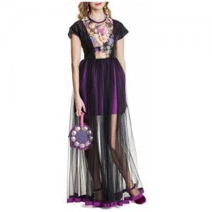 Платье в пол, юбка из сетки с репсовой лентой, 42/44 Iya Yots. Цвет: черный/фиолетовый