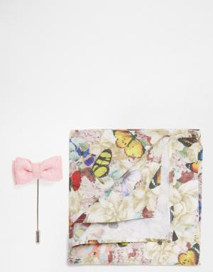 Платок-паше с цветочным принтом и булавка на лацкан розовым бантиком Devils Advocate. Цвет: кремовый