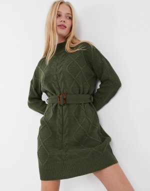 Трикотажное платье-джемпер цвета хаки с узором «косы» -Зеленый AX Paris