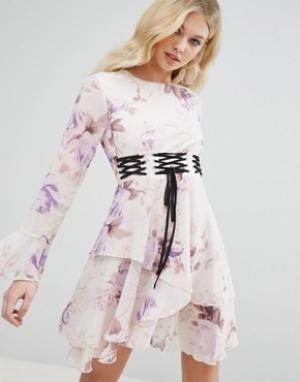 Платье с цветочным принтом и отделкой в стиле корсета Missguided. Цвет: фиолетовый