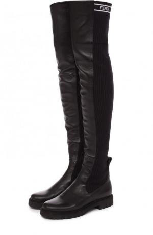 Кожаные ботфорты с вязаной вставкой Fendi. Цвет: черный