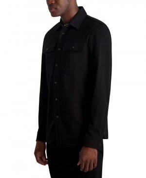 Мужская трикотажная куртка-рубашка с длинными рукавами в рубчик, кнопками и нагрудными карманами KARL LAGERFELD PARIS, черный Paris