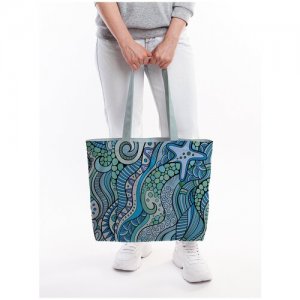 Текстильная женская сумка Морской узор на молнии для пляжа и фитнеса JoyArty. Цвет: голубой/зеленый/синий