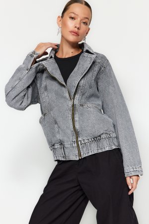 Куртка-бомбер джинсовая с декоративной строчкой, серый Trendyol
