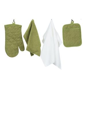 Набор кухонных принадлежностей из микрофибры: прихватка, рукавица, салфетка полотенце ТекСтиль для дома. Цвет: зеленый, белый