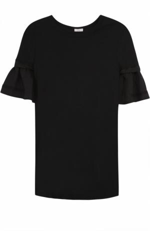 Хлопковая футболка прямого кроя с оборками на рукавах Clu. Цвет: черный