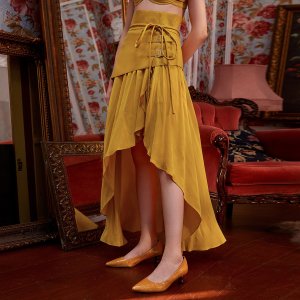 Асимметрическая юбка и корсет с пряжкой поясом SHEIN. Цвет: горчично-желтый