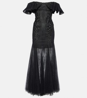 Платье из кружева и тюля с оборками , черный Costarellos