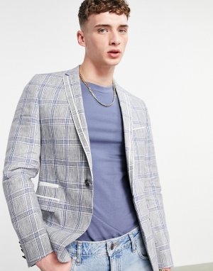 Льняной пиджак в серо-голубую клетку с двойным кантом -Серый Twisted Tailor
