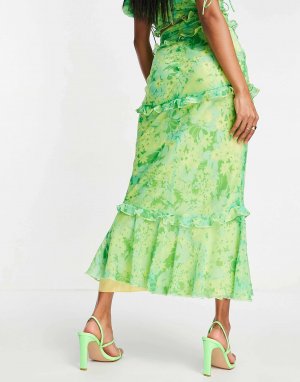 Координатная юбка миди с рюшами и пуговицами зеленого цветочного принта Asos