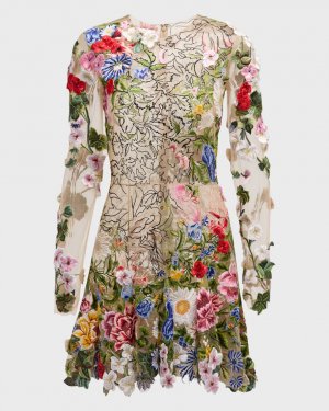 Прозрачное мини-платье Unfinished с цветочной вышивкой и длинными рукавами Oscar de la Renta