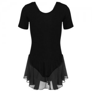 Купальник для хореографии х/б, короткий рукав, юбка-сетка, размер 32, цвет чёрный нет бренда. Цвет: черный