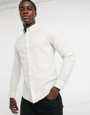 Зауженная оксфордская рубашка светло-бежевого цвета с длинными рукавами из органического хлопка -Neutral Burton Menswear