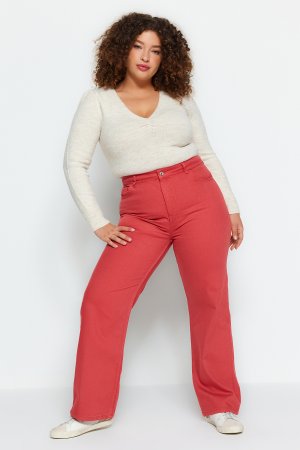 Джинсы больших размеров – красные широкие штанины , красный Trendyol