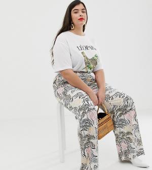 Атласные брюки с широкими штанинами и принтом джунгли -Кремовый Neon Rose Plus