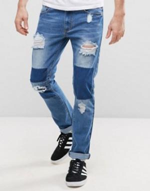 Рваные узкие джинсы с заплатками Liquor & Poker. Цвет: синий