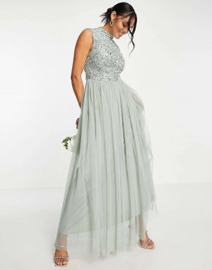 Bridesmaid 2 в 1, украшенное платье макси с пышной тюлевой юбкой шалфейного цвета Beauut