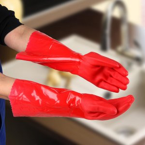 Перчатки хозяйственные резиновые с утеплителем, размер l, длинные манжеты, 140 гр, цвет красный Доляна
