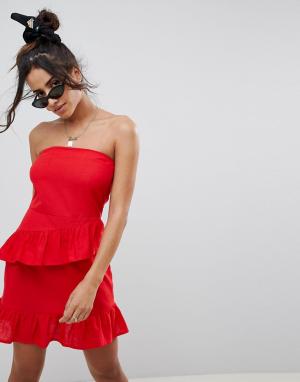 Летнее платье мини бандо с оборками -Красный ASOS DESIGN