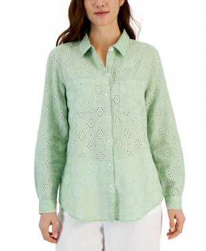 Женская льняная рубашка на пуговицах с люверсами , зеленый Charter Club