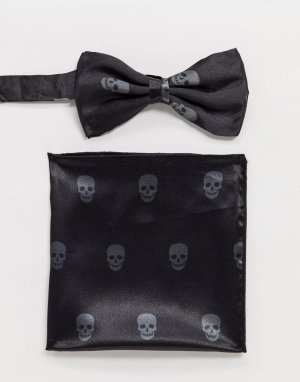 Комплект из галстука-бабочки и платка-паше с черепами -Черный Bolongaro Trevor