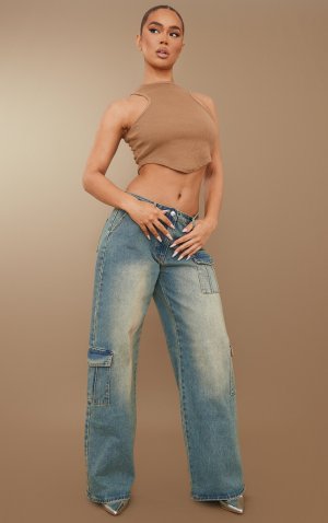 Мешковатые джинсы-бойфренды Vintage Wash с карманами-карго и низкой посадкой PrettyLittleThing