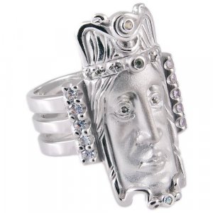 Перстень Маска, серебро, 925 проба, родирование, фианит, размер 19, серебряный Альдзена. Цвет: серебристый