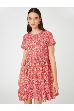 Мини-платье с цветочным принтом и короткими рукавами круглым вырезом рюшами , красный Koton