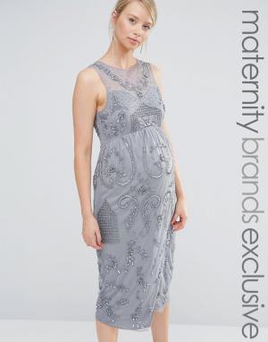 Декорированное платье миди для беременных с запахом на юбке Maya Mater Maternity. Цвет: серый