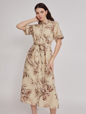 Платье-рубашка из льна с коротким рукавом и поясом zolla. Цвет: молоко