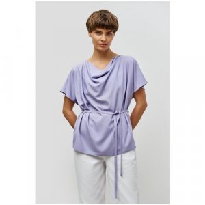 Блуза , повседневный стиль, свободный силуэт, короткий рукав, пояс/ремень, без карманов, однотонная, размер 48, фиолетовый Baon. Цвет: фиолетовый
