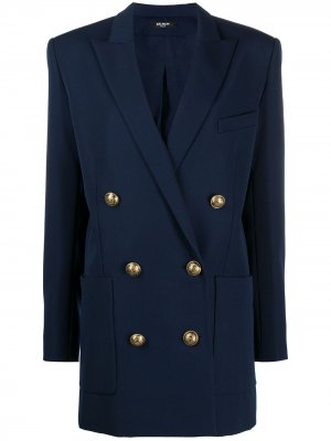 Двубортное пальто Balmain. Цвет: синий