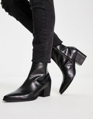 Черные кожаные ботинки челси на каблуке с острым носком ASOS DESIGN