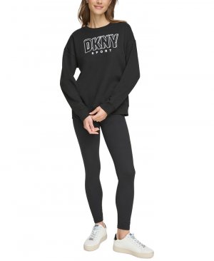 Женский пуловер с круглым вырезом и флокированным логотипом , черный DKNY