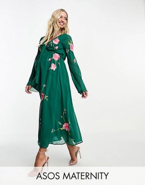 Зеленое платье миди с цветочной вышивкой ASOS DESIGN Maternity завязкой спереди и пуговицами