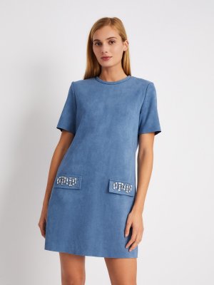 Платье-футболка из экозамши со стразами zolla. Цвет: голубой