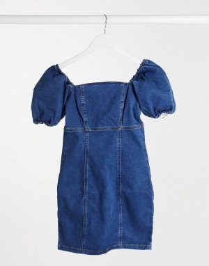 Синее джинсовое платье мини с объемными рукавами -Голубой New Look