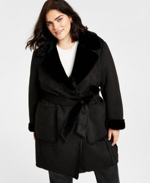 Женское пальто больших размеров из искусственной дубленки с поясом и зубчатым воротником , черный DKNY
