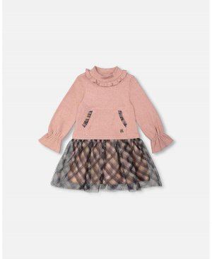 Платье из двух материалов для девочек с воротником-стойкой и длинными пышными рукавами, розовая стильная клетка - детское Deux par